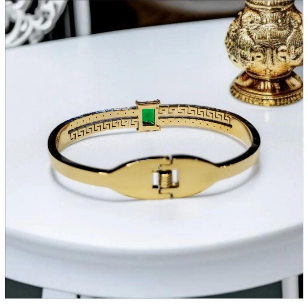 Gold Greek Key Zircon Emerald Crystal Plated